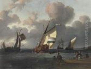 Shipping In Choppy Waters Before A Crowded Beach, A Townbeyond by Wigerius Vitringa
