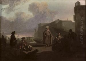 An Italianate Harbour With Merchants Conversing On A Quay An Italianate Harbour With Merchants Conversing On A Quay