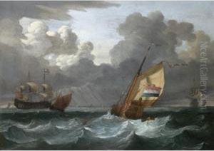A Dutch Yacht Off The Coast, A Man-o'-war And Other Ships In The Distance A Dutch Yacht Off The Coast, A Man-o'-war And Other Ships In The Distance