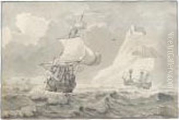 Two Ships In A Choppy Sea, With A Cliff-top Fortress In The Distance - view 1