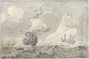 Two Ships In A Choppy Sea, With A Cliff-top Fortress In The Distance
