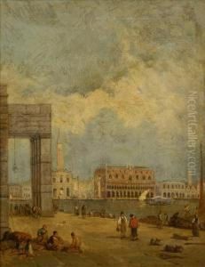 View Ofthe Customs House From The Ducal Palace, Venice, Figures In Theforeground by George Vivian