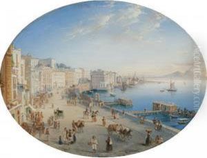 Naples, A View Of The Harbour With Vesuvius Beyond