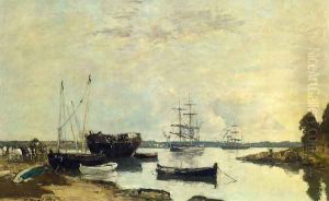 Three Masted Ship in the Harbor by Eugene Boudin