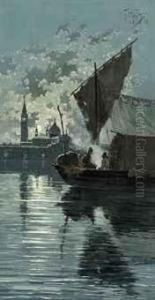 Fishermen On The Lagoon Before Venice Under Moonlight by Giuseppe Vizzotto Alberti