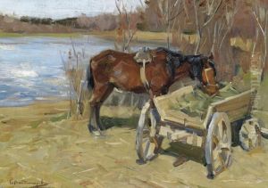 Horse Standingby A Hay Wagon by Ivan Alexeievitch Vladimirov