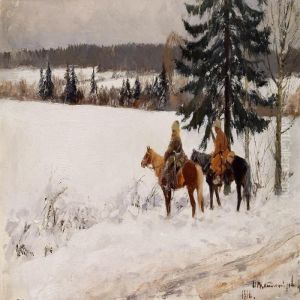 Winter Landscape With Two Cossacks On Reconnaissance by Ivan Alexeievitch Vladimirov