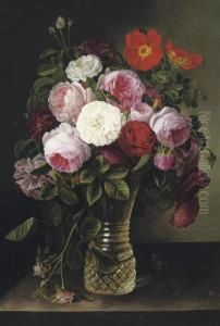 Summer Roses In A Crystal Vase by Gottfried Wilhelm Voelcker