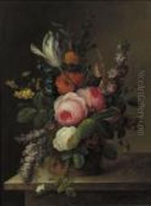 A Still Life With Larkspur, Roses, Poppies, Lilacs, Dafodil, Tulipsand Primrose by Gottfried Wilhelm Voelcker