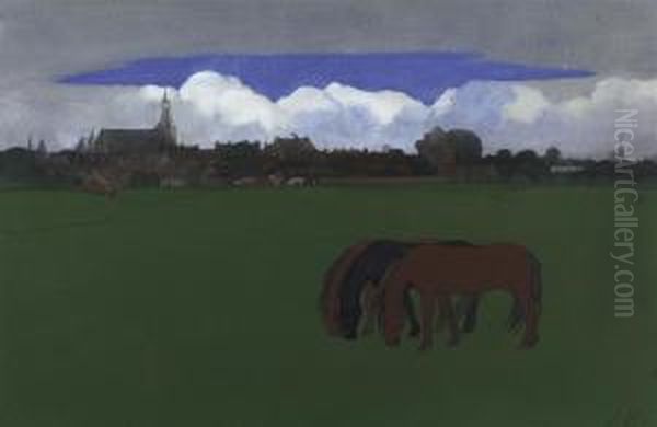 Horses In A Meadow, A View Of Hattem Beyond - view 1
