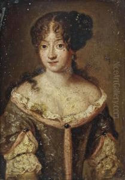 Portrait Of A Lady, Half-length, In A Blue Silk Dress With Pink Trimming And A White Lace Chemise, Pearl Ornaments In Her Hair - view 1