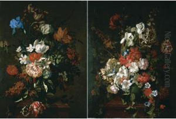 Still Life With Tulips, Irises, Narcissi, Honeysuckle, And Various Other Flowers In An Urn, On A Marble Pedestal; Still Life With Lilies, Irises, Fruitillaries And Other Flowers In A Vase On A Marble Pedestal - view 1