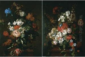 Still Life With Tulips, Irises, Narcissi, Honeysuckle, And Various Other Flowers In An Urn, On A Marble Pedestal; Still Life With Lilies, Irises, Fruitillaries And Other Flowers In A Vase On A Marble Pedestal by Karel Borchaert Voet