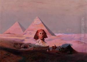 Egyptian Scene, Pyramids, Camels And Figures by Hermann Vogel