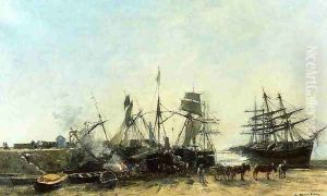 Portrieux, the Port at Low Tide, Unloading Fish by Eugene Boudin