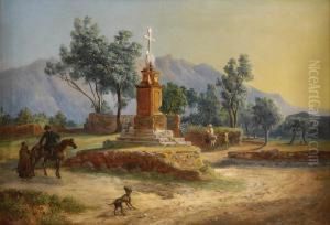 Italienische Landschaft Mit Regem Treiben. by Ludwig Vogel