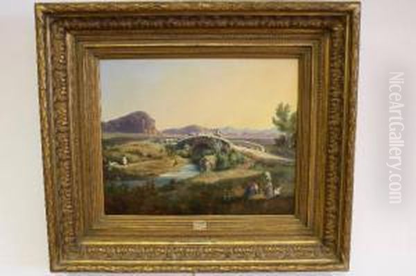 Avondlandschap In De Omgeving Van Rome Met Herders En Vee Bijeen Brug - view 1