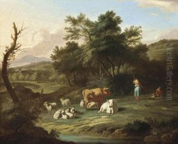 A Wooded River Landscape With Drovers And Their Cattle At Rest - view 1