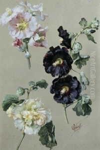 Studienblatt Mit Pfirsichbluten Und Bluhenden Stockrosen.
