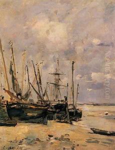 Boats at the Beach at Low Tide by Eugene Boudin