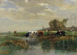 Kuhherde In Sommerlicher Auenlandschaft by August Voigt-Folger