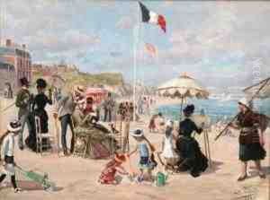 Scene De Plage Animee. by Leon Joseph Voirin