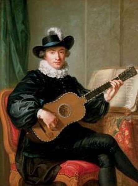 Portrait Of Monsieur Aublet, Three-quarter-length, Seated, In A Black Fancy Costume And Playing A Five-course Guitar, A Sheet Of Music On A Table Beside Him - view 1