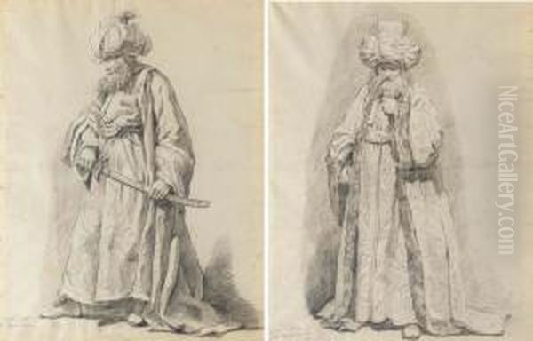 Le Bacha A Trois Queues: Un Guerrier Turc Barbu Tenant Un Sabre,tourne Vers La Gauche; Et L'himan De La Grande Mosquee: Un Turcportant Un Turban Orne D'un Croissant De Lune - view 1