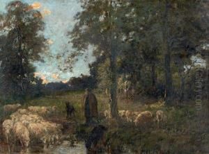 Bergere Et Ses Moutons A L'abreuvoir by Adrien Gabriel Voisard-Margerie