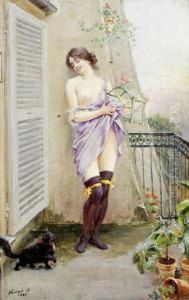 Femme En Neglige Mauve Au Balcon