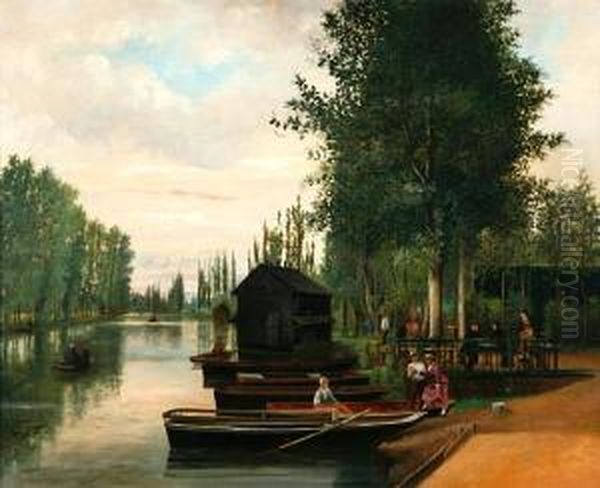 A Tranquil River Scene With Ladies By Aboat - view 1