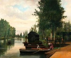 A Tranquil River Scene With Ladies By A Boat