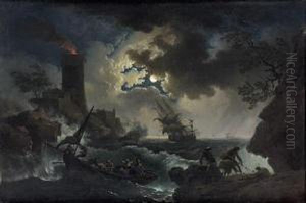 Voilier Au Clair De Lune Au Pied D'un Phare Allume - view 1