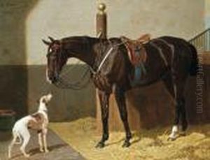 Cheval Selle Et Chien A L'ecurie by Emil Volkers