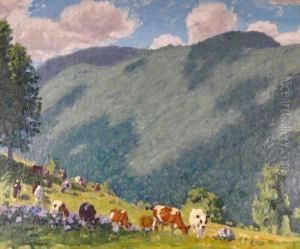 Cows Grazing On A Hillside by Edward Charles Volkert