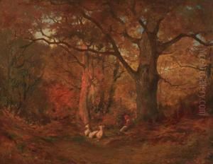 Shepherdess With Flock In The Deep Woods by Charles Volkmar
