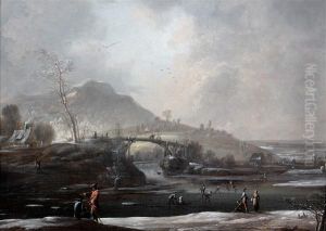 Patineurs Et Promeneurs Dans Un Paysage De Neige