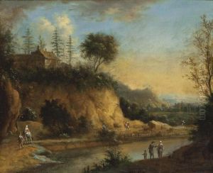 A River Landscape With Travellers On A Path, A Hilltop House Above by Johann Christian Vollerdt or Vollaert