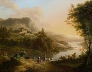 Horsemen And Peasants In An Extensive River Landscape by Johann Christian Vollerdt or Vollaert