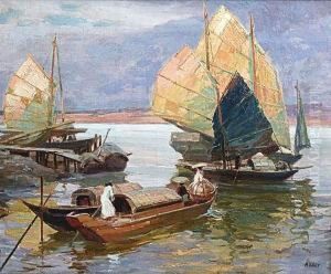 Bateaux Sur Le Fleuve Rouge, Hanoi by Henry Emile Vollet