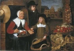A Market Scene With Two Boys By A Vegetable Seller Making Lace, Thest. Jorispoort In Dordrecht Beyond