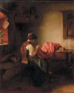 Young Girl Sewing by Ludwig Vollmar