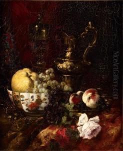 Nature Morte De Fruits Et De Fleurs Et Pieces D'orfevrerie