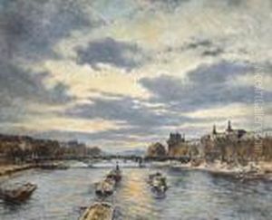 Coucher De Soleil Sur Le Pont Des Arts Et Le Louvre by Alexis Vollon