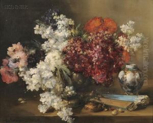 Still Life With Flowers, Porcelain, And A Folded Fan