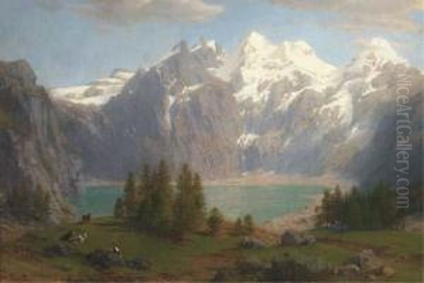 A Herdsman Grazing His Cattle Before A Mountain Lake - view 1