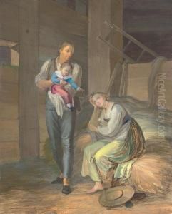 A Young Farmer And His Family Relaxing In A Barn by Johann Georg Volmar