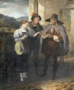 Drei Personen An Einer Kirchenmauer. by Johann Georg Volmar