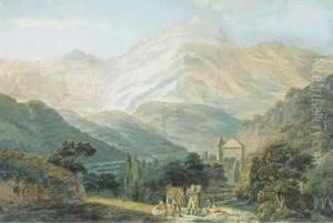Vue Du Mont-blanc Avec Le Chateau De Sallanches Sur La Route De Cordon Au Premier Plan by Johann Georg Volmar