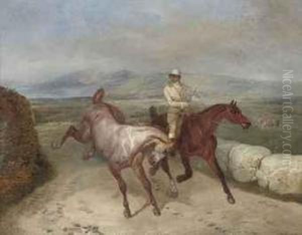 An Extensive Landscape With Two Racehorses And A Jockey - view 1